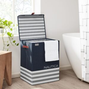 Nautica - Laundry Basket, Foldable Hamper & Storage Bin with Lid, Closet Organizers, Home Essentials (Navy Stripe)