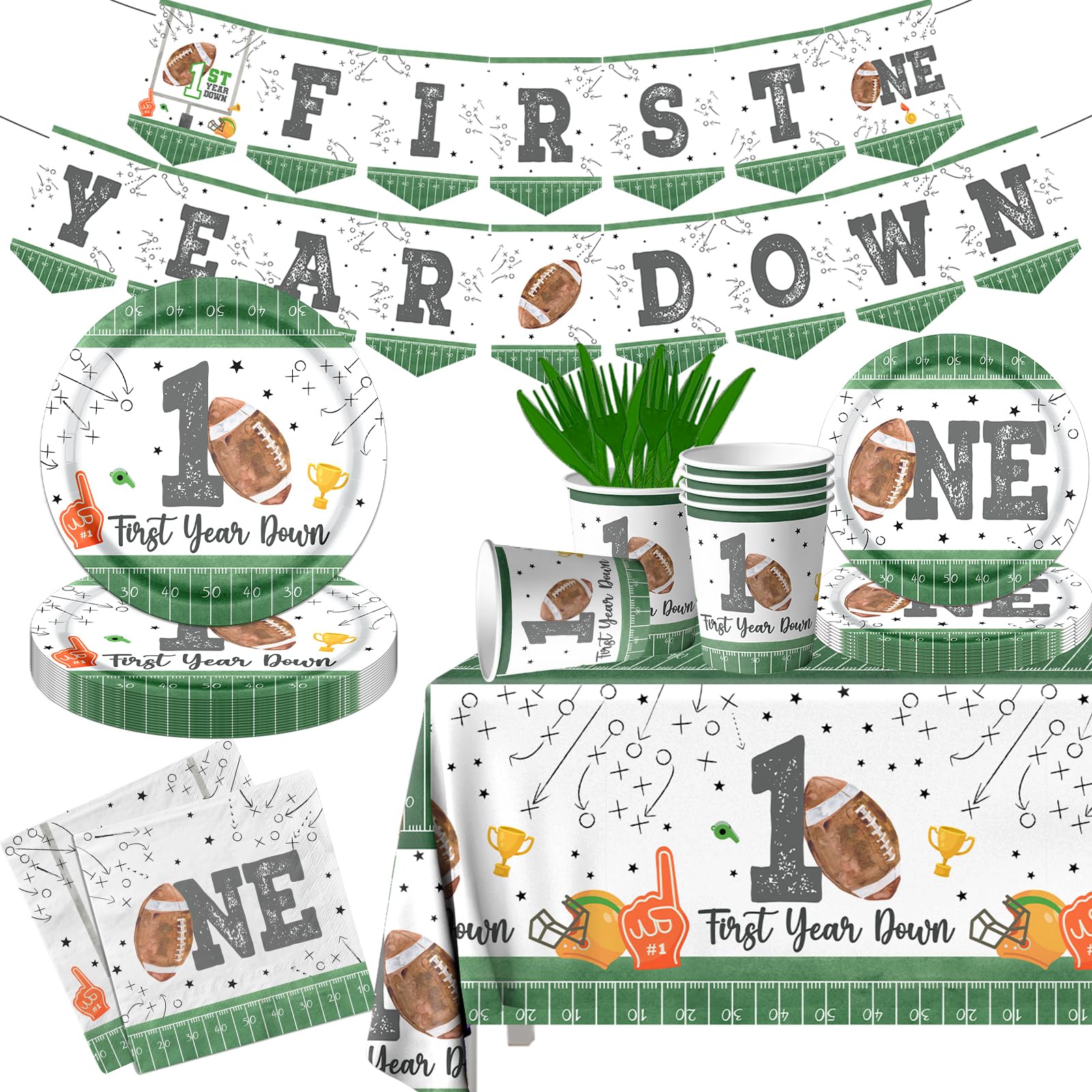 142Pcs First Year Down Football Birthday Party Decorations Football Tableware Set with Plates Napkins Cups Tablecloth and Banner First Year Down Birthday Party Decorations Football Party Decorations