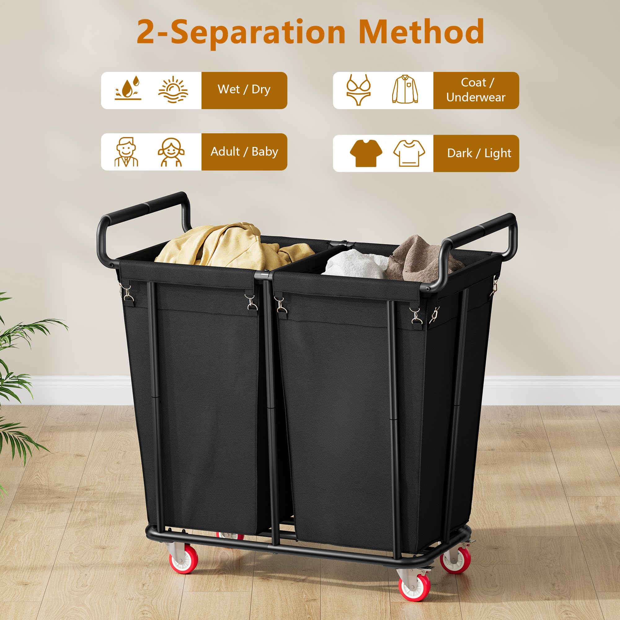 2 Section Laundry Hamper with Wheels 360L Large Rolling Laundry Sorter Cart for Clothes Storage Heavy Duty Laundry Basket with Lockable Wheels Clothes Hamper for Laundry & Bedroom