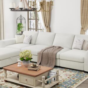 Woyomeub Sectional Sofa Couches for Living Room: L Shaped Couch with Storage Ottoman - Beige Modular Oversized 4 Seater Sofas with Pillows U Shape Furniture Set