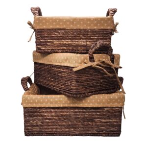 gib wicker storage baskets with handles and liners for shelves, 15"x11" large decorative rectangular natural woven storage baskets for organizing, brown farmhouse baskets for home decor, set of 3