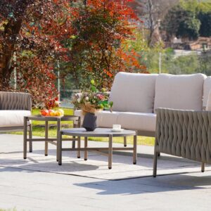 Grand patio 5-Piece Outdoor Furniture Set, Outdoor Sofa Set with 2 Round Side Tables, Modern Metal Outdoor Couch with 6-inch Thick Waterproof Cushions for Patio Porch Deck Backyard