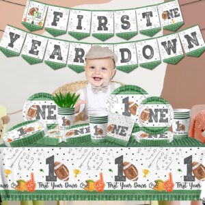 142Pcs First Year Down Football Birthday Party Decorations Football Tableware Set with Plates Napkins Cups Tablecloth and Banner First Year Down Birthday Party Decorations Football Party Decorations