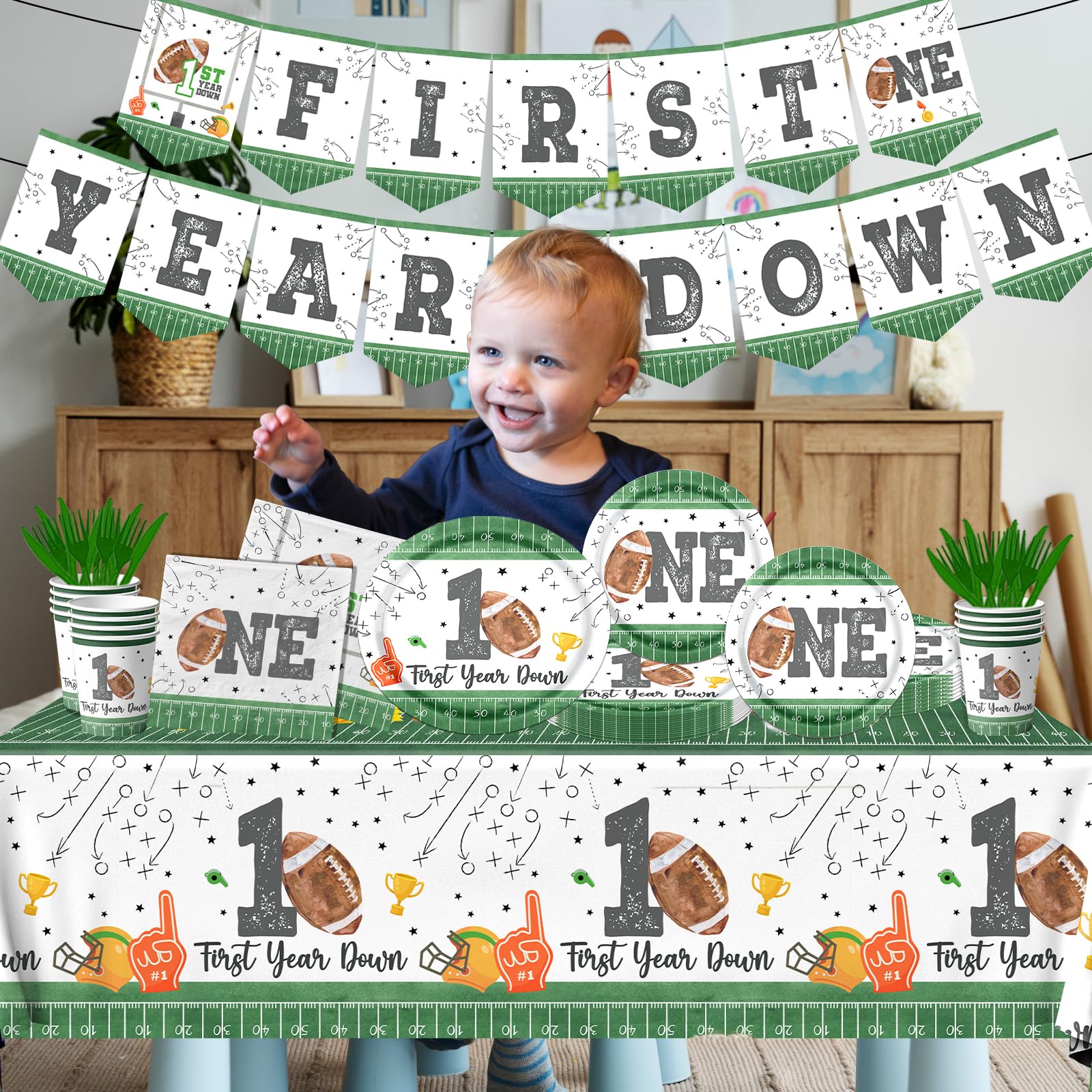 142Pcs First Year Down Football Birthday Party Decorations Football Tableware Set with Plates Napkins Cups Tablecloth and Banner First Year Down Birthday Party Decorations Football Party Decorations