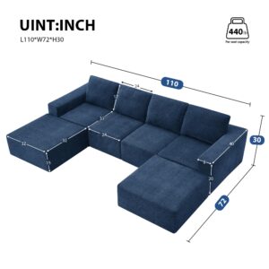 110" Modern Modular Sectional Sofa Couch, Deep Seat U Shaped Upholstered Cloud Couch Set with Movable Ottoman for Living Room, No Assembly Required (Blue, U Shaped)