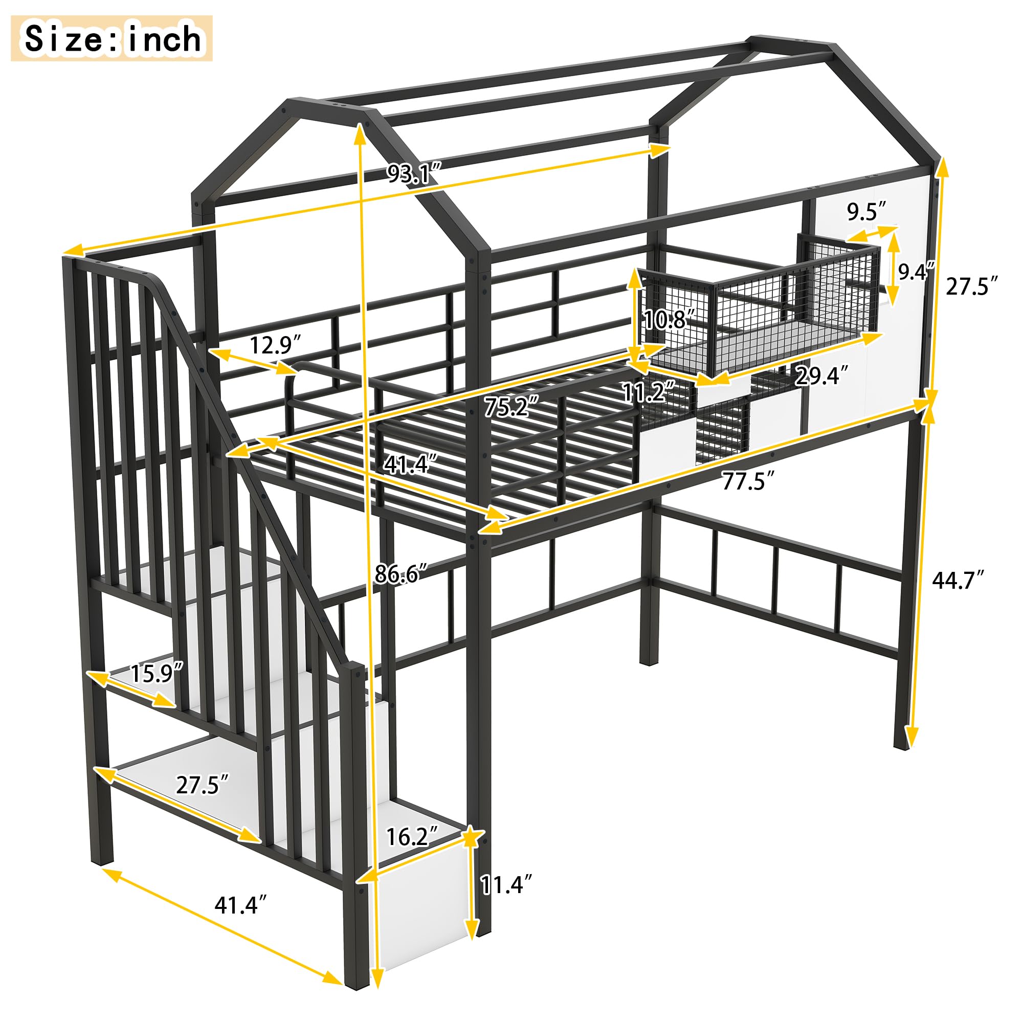 LostCat Twin Size Loft Bed with Stairs, Loft Bed Twin Size with Roof and Window, Metal Loft Bed Frame with Storage Box for Teens and Adults, Easy Assembly, No Box Spring Needed, Black