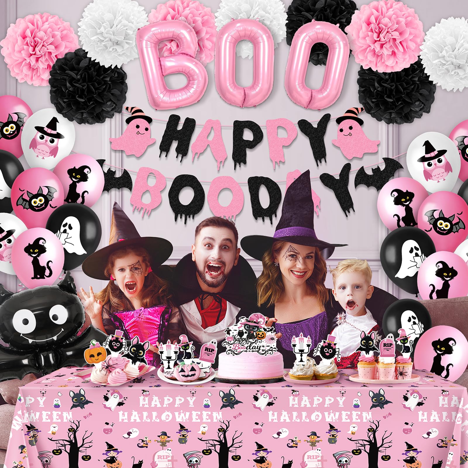 Halloween Birthday Party Decorations, Pink Black Halloween Happy Booday Party Banner with 16inch BOO Balloons Ghost Bat Balloons and Tablecloth for Girl Halloween Boo Day Party Decorations