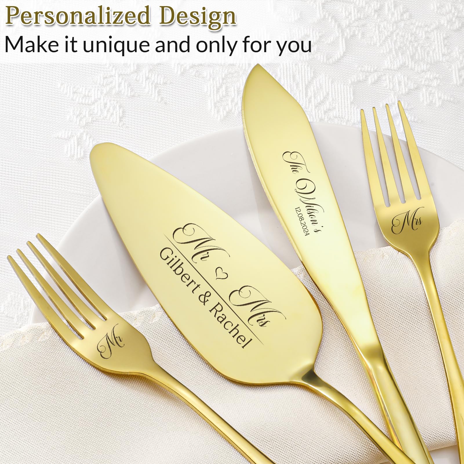 Zhamate Custom Cake Cutting Set for Wedding, Personalized Cake Knife and Server Set, Stainless Steel Personalized Cake Cutter Set for Wedding, Anniversary, Birthday Gift(Gold)