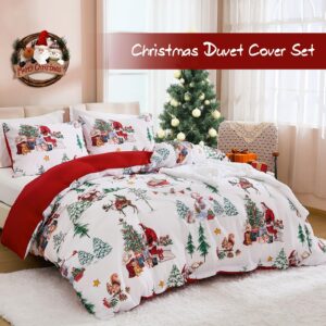 Christmas Duvet Cover Set Queen Size Santa Claus Snowman Christmas Tree Bedding Set, Microfiber Red Xmas Comforter Duvet Cover with Pillowcases Festive Winter Holiday Decor(Zipper Closure,90''x90'')