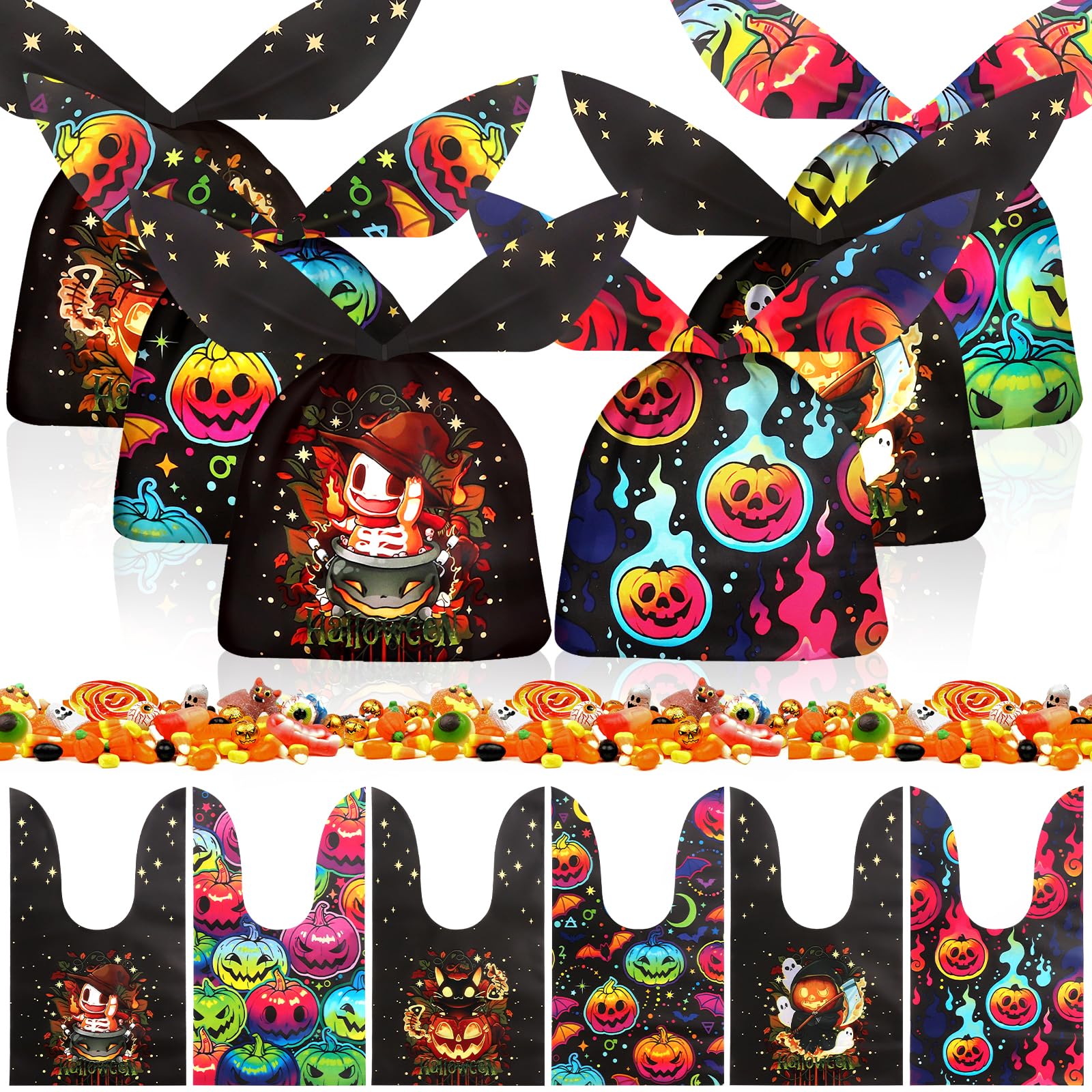 Miucat Halloween Treat Bags, 100Pcs Halloween Goodie Bags for Trick or Treat Cute Pumpkin Candy Bags for Halloween Party Supplies Favors (Pumpkin)