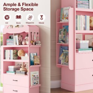 HOSTACK 71" Tall Kids Bookcase, Kids Bookshelf with 2 Drawers, 4 Tier Large Book Shelves, Wood Display Standing Cabinet with Toy Storage Organizer for Nursery, Living Room, Study, Pink