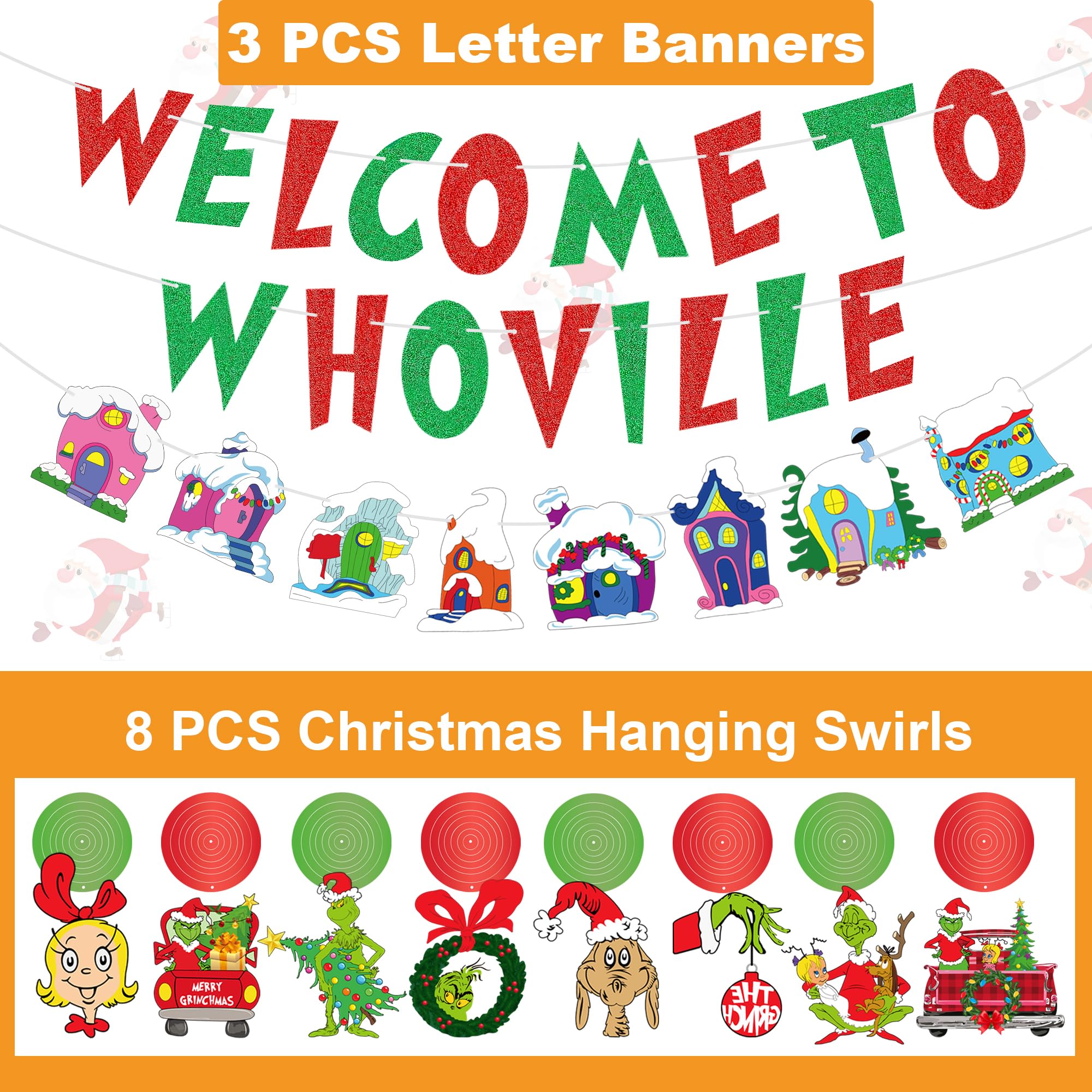 Welcome To Whoville Banner with Christmas Hanging Swirls Party Decorations, Red and Green Glitter Letter Banner Xmas Hanging Swirls Decorations Welcome Party Supplies Decorations