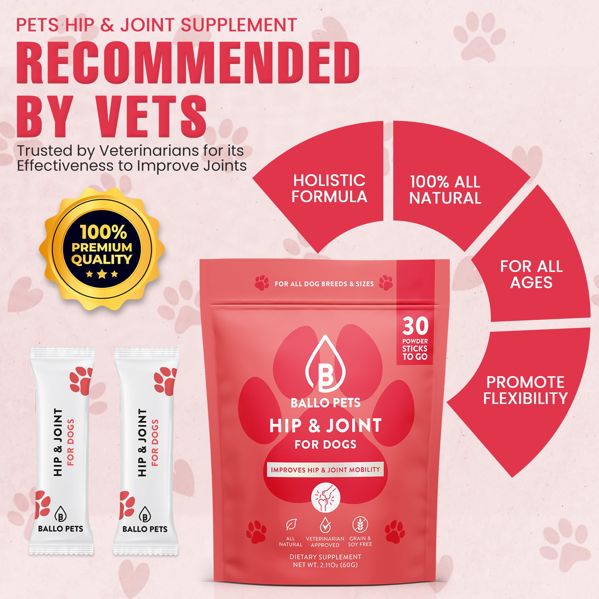 Ballo Pets Hip & Joint for Dogs - Joint Supplement for Dogs - Pain and Inflammation Relief with Glucosamine, Chondroitin, MSM, Turmeric, Vitamin C - 30 Powder Sticks to go, Red