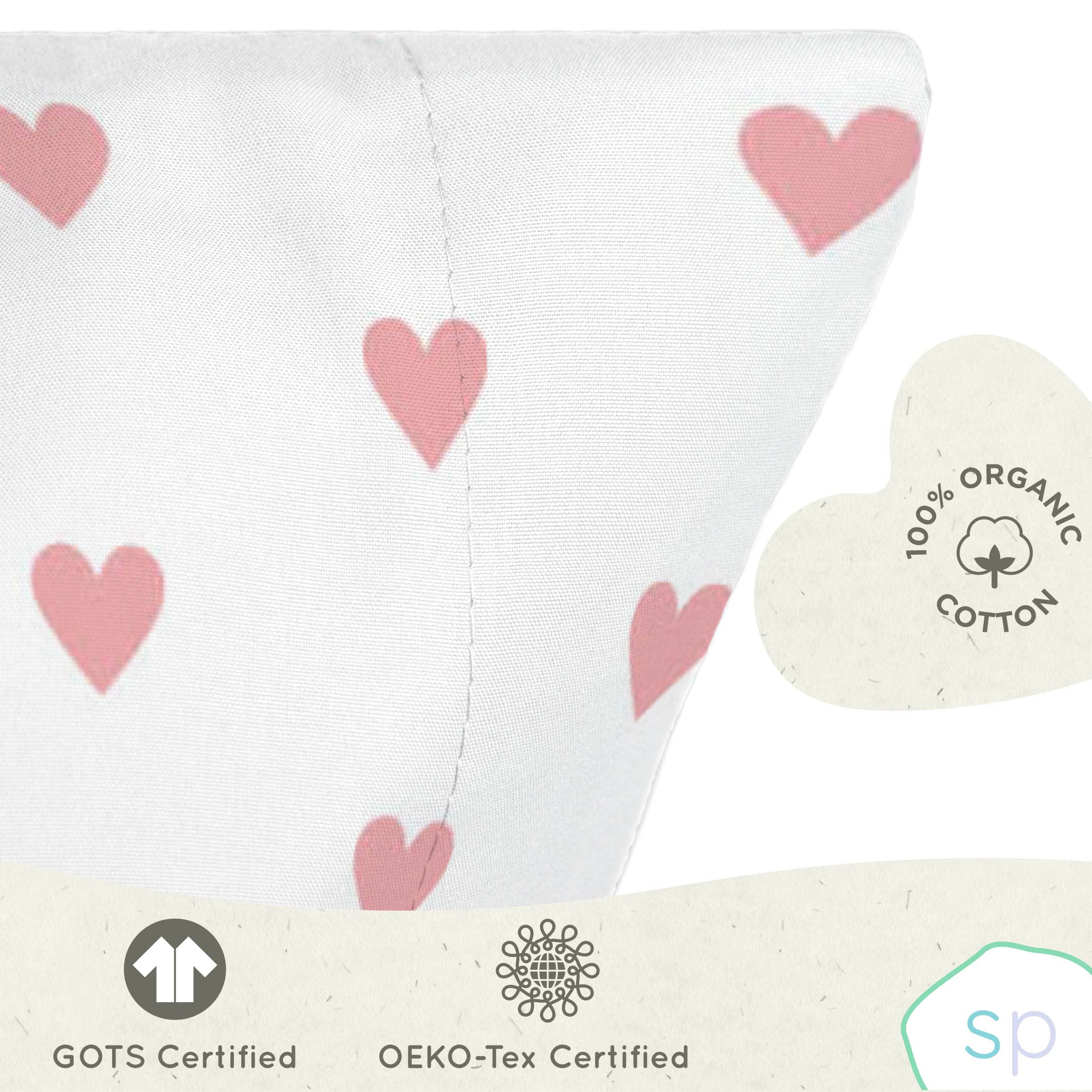 Saturday Park Pink Hearts 2 Pack Reversible Pillowcase - 100% Organic Cotton Double Sided Pillow Cover - GOTS & Oeko-TEX Certified