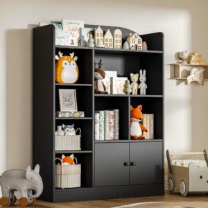 DIYART Black Kids Bookshelf, Kids Bookcase with 7 Cubbies and 2 Cabinets, Freestanding Book Storage Shelves for Bedroom, Playroom, Hallway