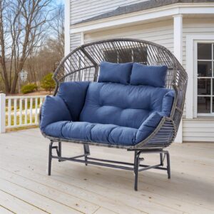 belord double egg chair outdoor glider loveseat, 550lbs weight capacity wicker patio rocking egg chairs, handwoven rattan porch furniture glider loveseat for patio deck balcony sunroom