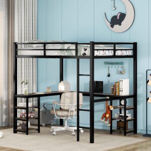 full loft bed with l-shaped wooden desk and storage shelves, full size loft bed frame with safety guardrail and built-in ladder for boys girls juniors, no box spring needed, black and brown