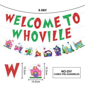 Welcome To Whoville Banner with Christmas Hanging Swirls Party Decorations, Red and Green Glitter Letter Banner Xmas Hanging Swirls Decorations Welcome Party Supplies Decorations