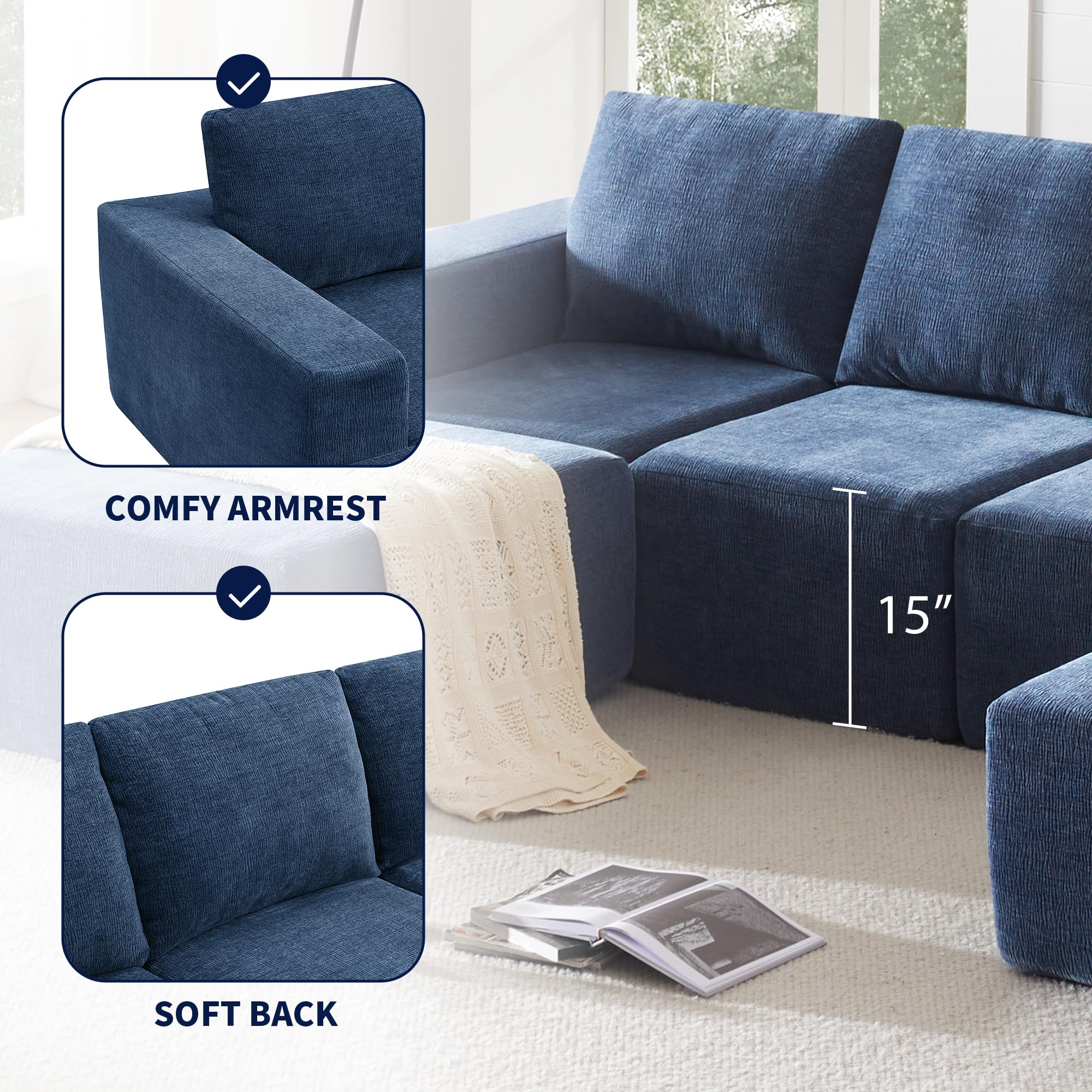 110" Modern Modular Sectional Sofa Couch, Deep Seat U Shaped Upholstered Cloud Couch Set with Movable Ottoman for Living Room, No Assembly Required (Blue, U Shaped)