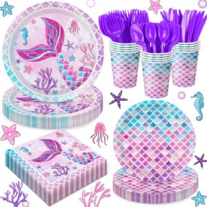 168pcs mermaid birthday decorations mermaid party supplies includes plates, napkin, knives, spoons, forks for baby shower ocean birthday party decorations, serves 24