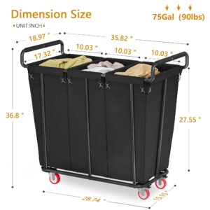 Gewudraw 3 Section Laundry Sorter Cart, 3 Bag 75Gal Rolling Laundry Hamper Sorter with Lockable Wheels, Removable Laundry Bag,Rolling Laundry Basket Organizer for Laundry Room,Bedroom,Bathroom, Black