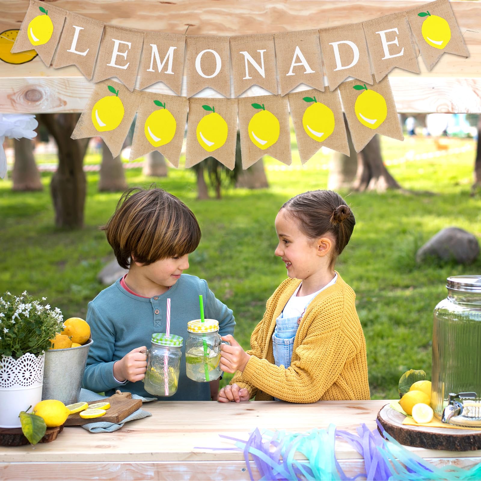 Lemonade Banner, Burlap Lemonade Stand Banner, Lemonade Stand Decorations Lemonade Sign Hanging Bunting Lemon Theme Party Decor Garland Flag for Bridal Shower Birthday Barbecue Party Supplies