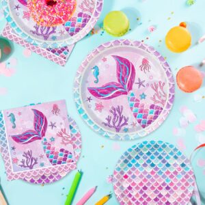 168Pcs Mermaid Birthday Decorations Mermaid Party Supplies Includes Plates, Napkin, Knives, Spoons, Forks for Baby Shower Ocean Birthday Party Decorations, Serves 24