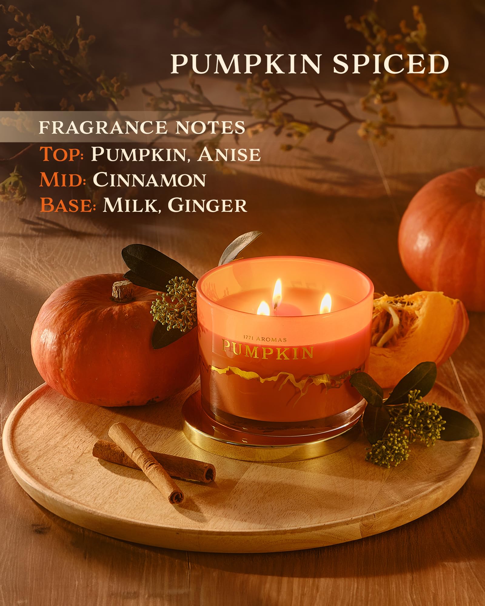 1771 Aromas Pumpkin Spice Scented Candles - 100% Natural Soy Wax - Large 3 Wick Jar Candle - Fall Candles - Up to 50 Hours Burning - Aromatherapy Candles - Housewarming Gift for Men and Women