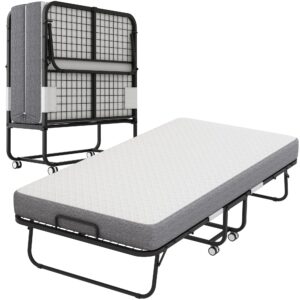 folding bed with mattress 75" x 38" twin size folded bed, rollaway guest bed portable foldable extra bed for adults fold up bed with 5" memory foam mattress space-saving sturdy metal frame (grid)