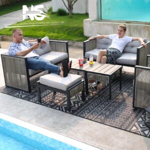 NICESOUL Modern Patio Furniture Set, 4 Seats Outdoor Sectional Sofa Set with Side Tables Footrest All-Weather Dual-Layer PE Rope Rattan Iron Frame 4" Thick Cushion Chairs Conversation Set Grey