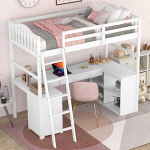 Harper & Bright Designs Twin Size Loft Bed with Desk, Wood Loft Bed Twin with Drawers, Cabinet, Shelves, Kids Loft Twin Bed with Desk and Storage for Girls Boys Teens,No Box Spring Needed,White