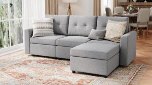 linsy home rubik iii 3 seats sofa set, deep seat modular sectional sofa, modern sofa couch with storage seats & removable cover, 3 seater with 1 ottoman convertible sofa, light grey, l shaped