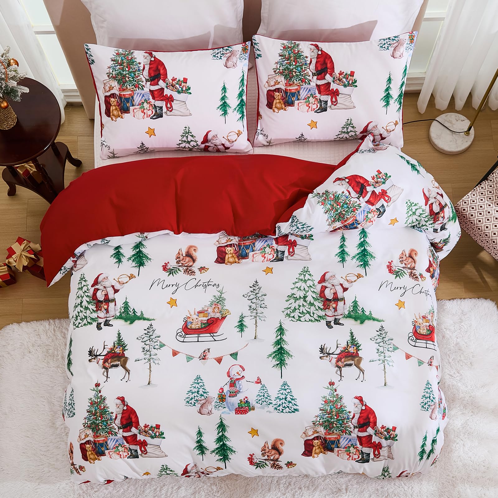 Christmas Duvet Cover Set Queen Size Santa Claus Snowman Christmas Tree Bedding Set, Microfiber Red Xmas Comforter Duvet Cover with Pillowcases Festive Winter Holiday Decor(Zipper Closure,90''x90'')