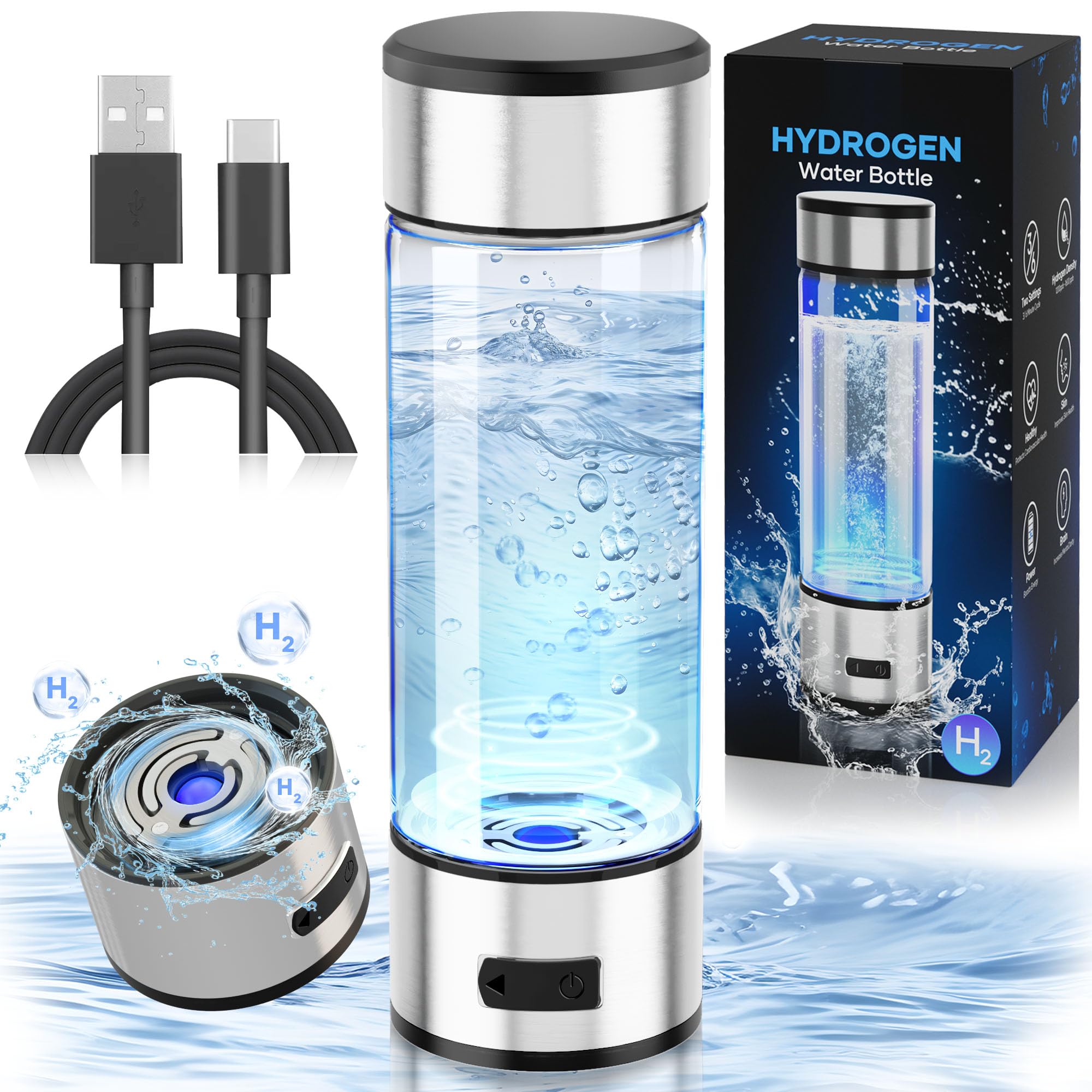 Hydrogen Water Bottle, Portable SPE PEM Technology Water Ionizer Machine, Rechargeable 3 Min Quick Electrolysis Water Bottle Generator for Home, Office, Travel, Outdoor Adventure, Daily Drinking