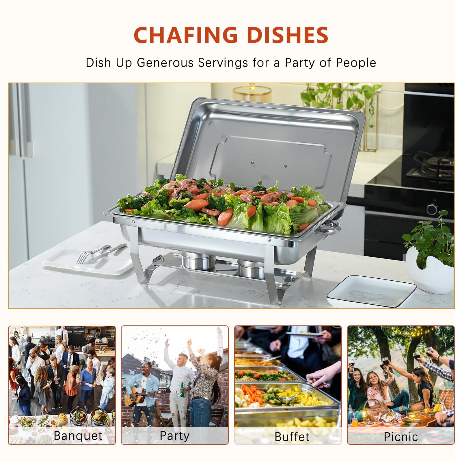 PRIJESSE Chafing Dish Buffet Set Stainless Steel Food Warmer Chafer Complete Set with Water Pan, Chafing Fuel Holder for Party Catering (4 Pack, Full Pan x2 + Half Pan x2)