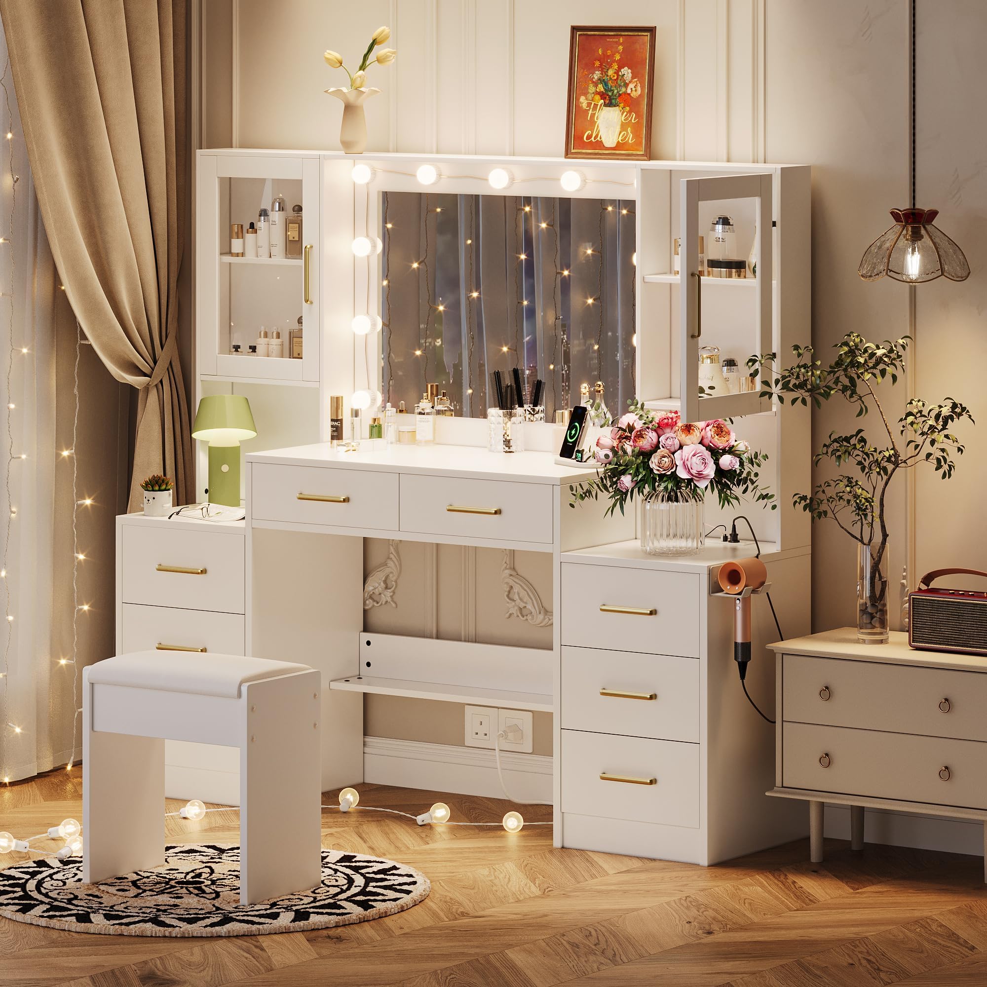 TOKSOM White Vanity Desk with Mirror, Lights & Charging Station, 58.3" 3 Lighting Modes Makeup Desk with 8 Drawers, 2 Cabinets and Lots Storage, Dressing Table Vanity Set with Lighted Mirror