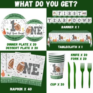 142Pcs First Year Down Football Birthday Party Decorations Football Tableware Set with Plates Napkins Cups Tablecloth and Banner First Year Down Birthday Party Decorations Football Party Decorations