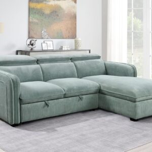 TXFTRR L Shaped Sleeper Sofa - Corduroy Couch Sectional with Pull Out Sleeper and Storage Chaise, Pull Out Bed Couch with Adjustable Headrest, Sleeper Sectional Sofa for Living Room, Light Green