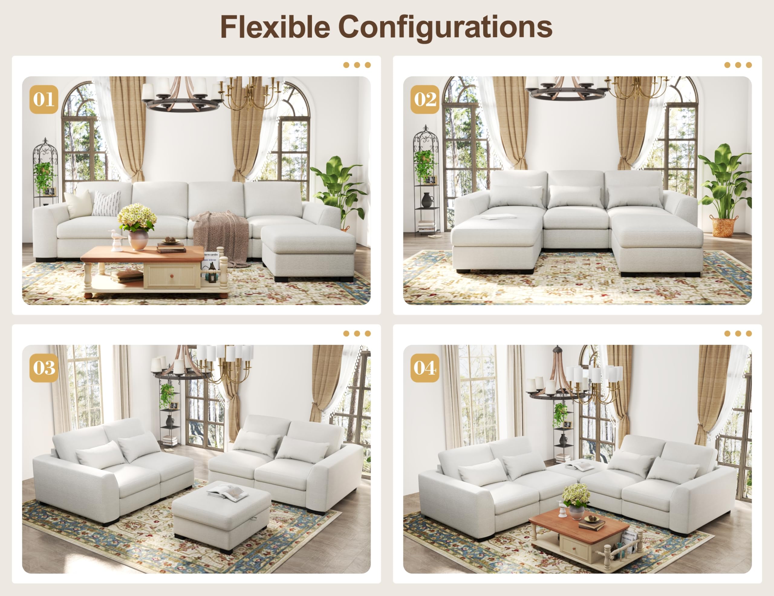 Woyomeub Sectional Sofa Couches for Living Room: L Shaped Couch with Storage Ottoman - Beige Modular Oversized 4 Seater Sofas with Pillows U Shape Furniture Set