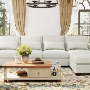 Woyomeub Sectional Sofa Couches for Living Room: L Shaped Couch with Storage Ottoman - Beige Modular Oversized 4 Seater Sofas with Pillows U Shape Furniture Set