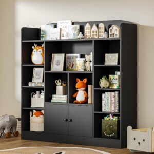 diyart black kids bookshelf, display bookcase with 11 cubbies and 2 cabinets, freestanding book storage shelves for bedroom, playroom, hallway