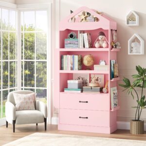 HOSTACK 71" Tall Kids Bookcase, Kids Bookshelf with 2 Drawers, 4 Tier Large Book Shelves, Wood Display Standing Cabinet with Toy Storage Organizer for Nursery, Living Room, Study, Pink