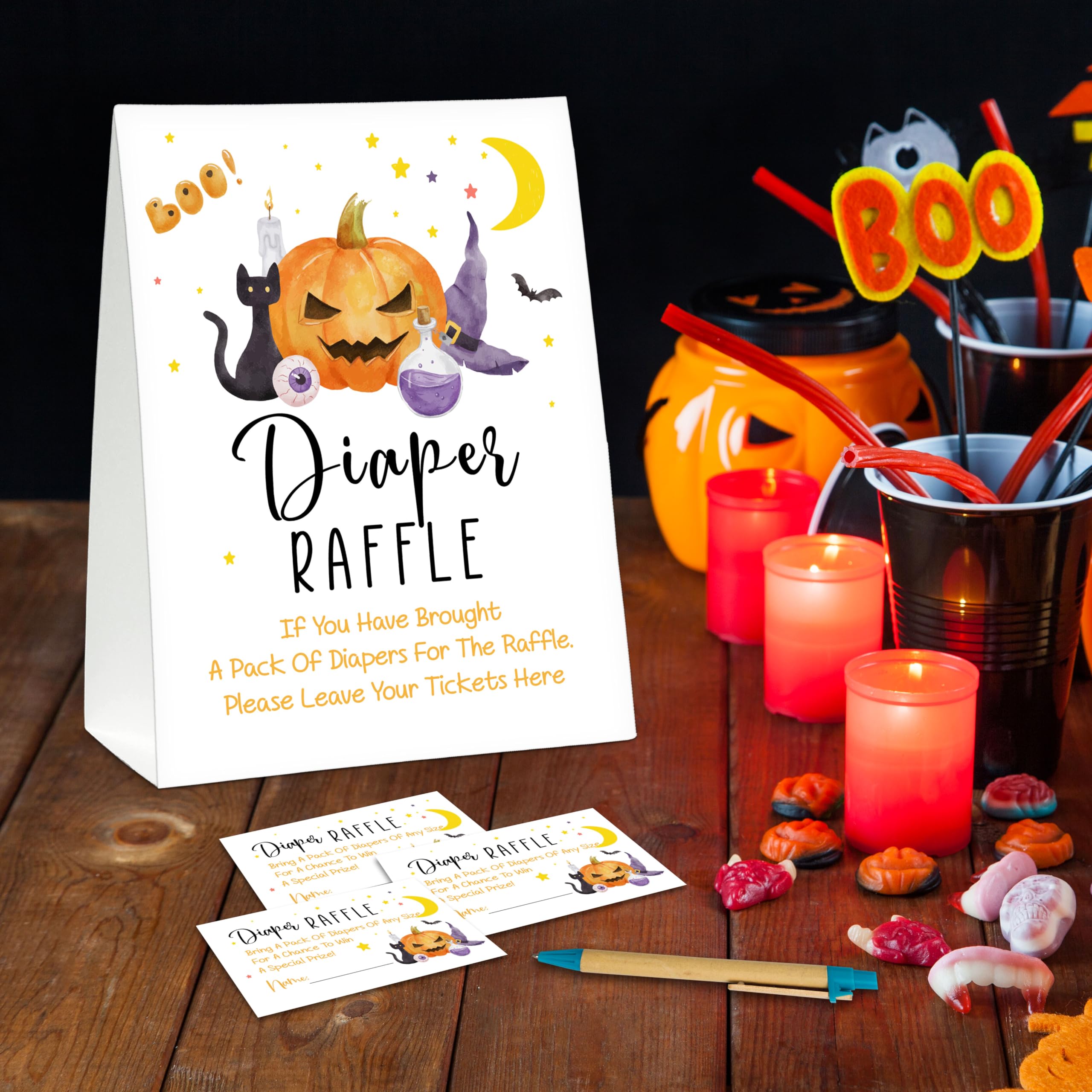 Halloween Diaper Raffle Game Sign And Tickets, Happy Halloween Baby Shower Invitations Game Sets Decorations Celebrated The Upcoming Baby's Arrival, 1 Standing Card With 50 Raffle Tickets -A01