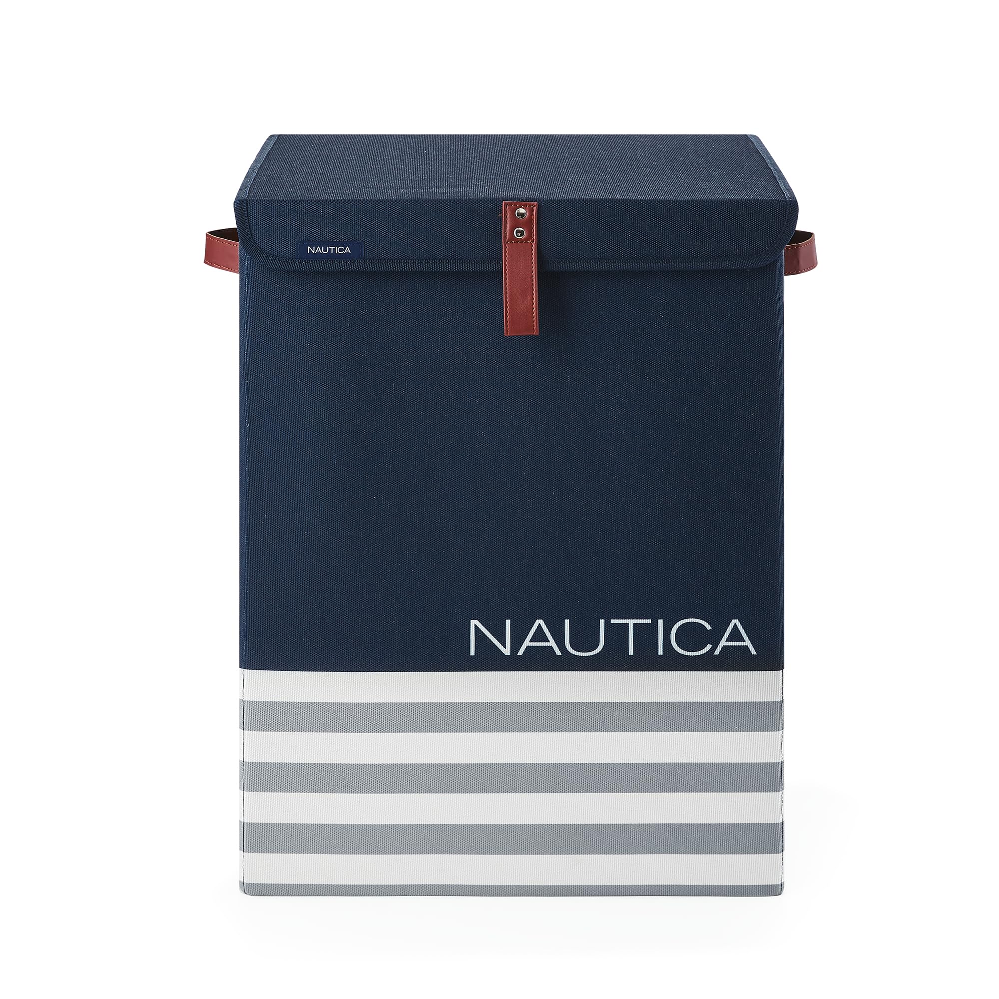 Nautica - Laundry Basket, Foldable Hamper & Storage Bin with Lid, Closet Organizers, Home Essentials (Navy Stripe)