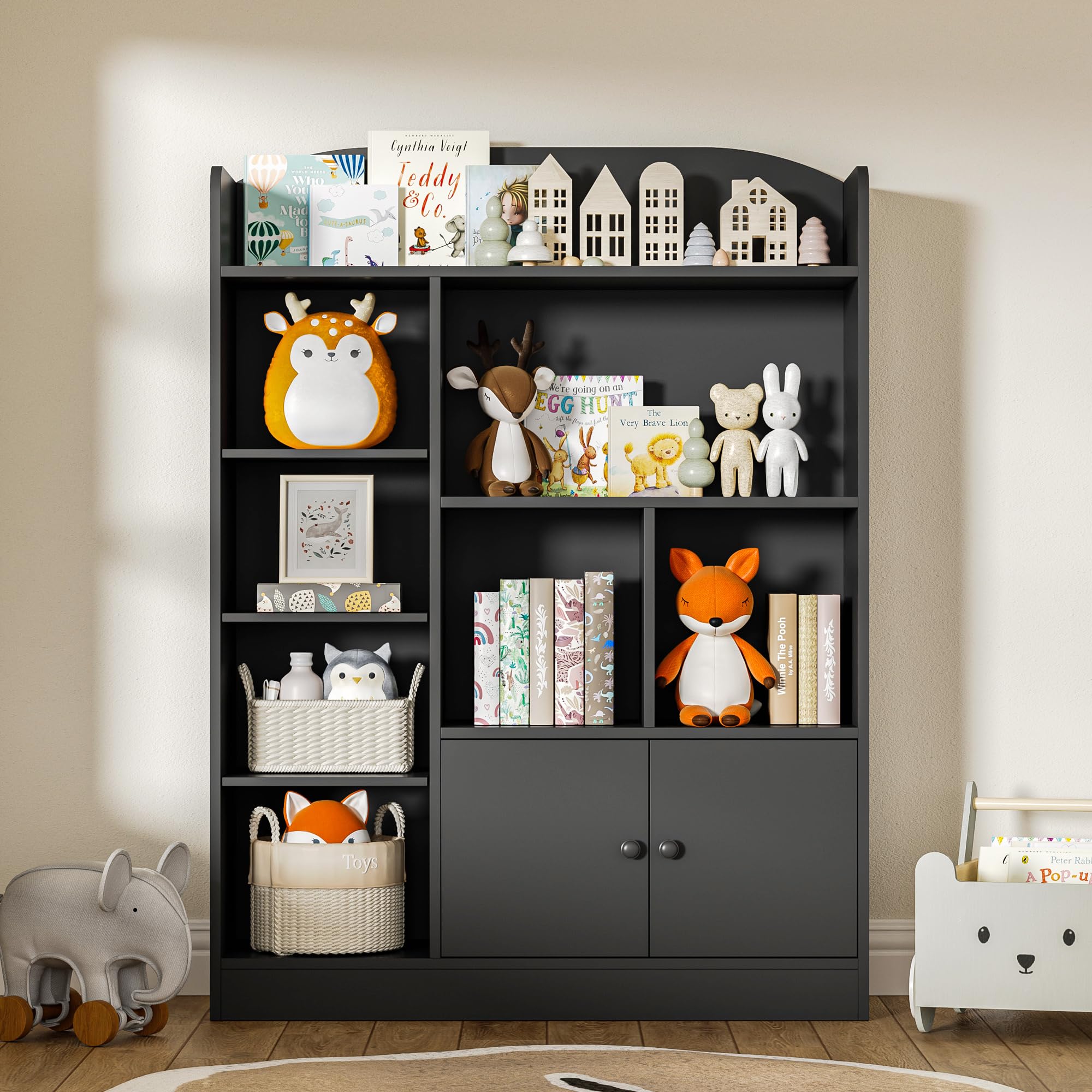 DIYART Black Kids Bookshelf, Kids Bookcase with 7 Cubbies and 2 Cabinets, Freestanding Book Storage Shelves for Bedroom, Playroom, Hallway