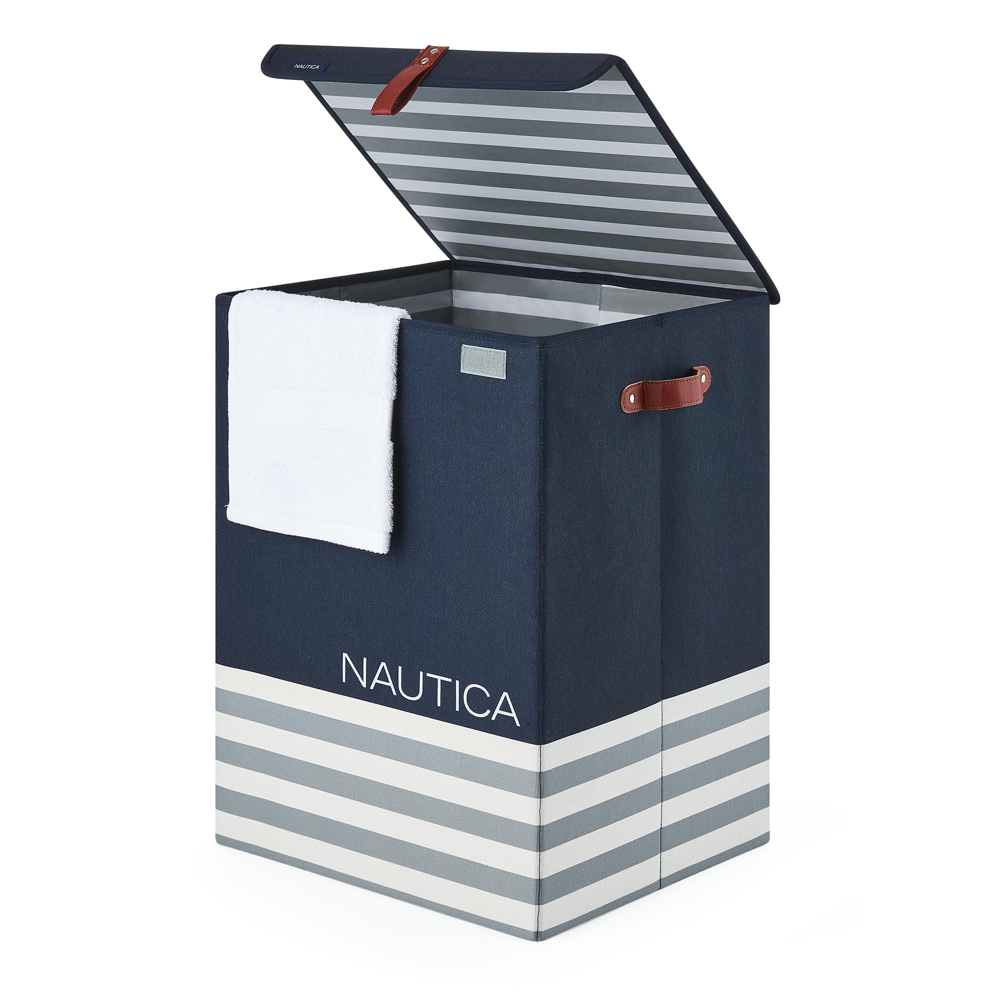 Nautica - Laundry Basket, Foldable Hamper & Storage Bin with Lid, Closet Organizers, Home Essentials (Navy Stripe)