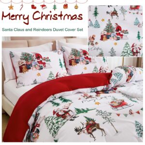 Christmas Duvet Cover Set Queen Size Santa Claus Snowman Christmas Tree Bedding Set, Microfiber Red Xmas Comforter Duvet Cover with Pillowcases Festive Winter Holiday Decor(Zipper Closure,90''x90'')