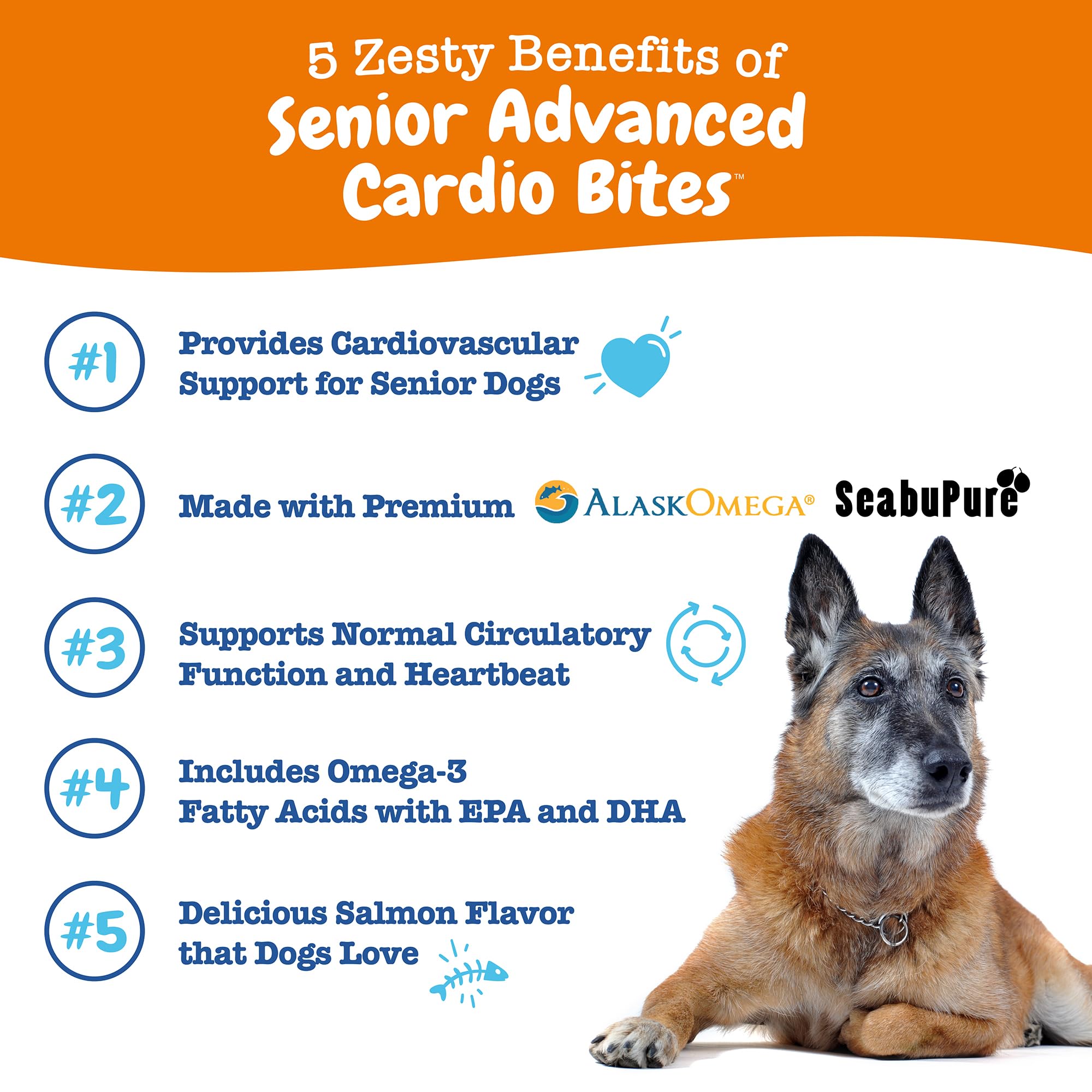 Zesty Paws Cardiovascular Support for Dogs - Taurine for Dogs, CoQ10 for Dogs, L Carnitine & Sea Buckthorn for Senior Dog Heart Health - AlaskOmega Fish Oil Omega 3 - Senior - Salmon - 90 Count