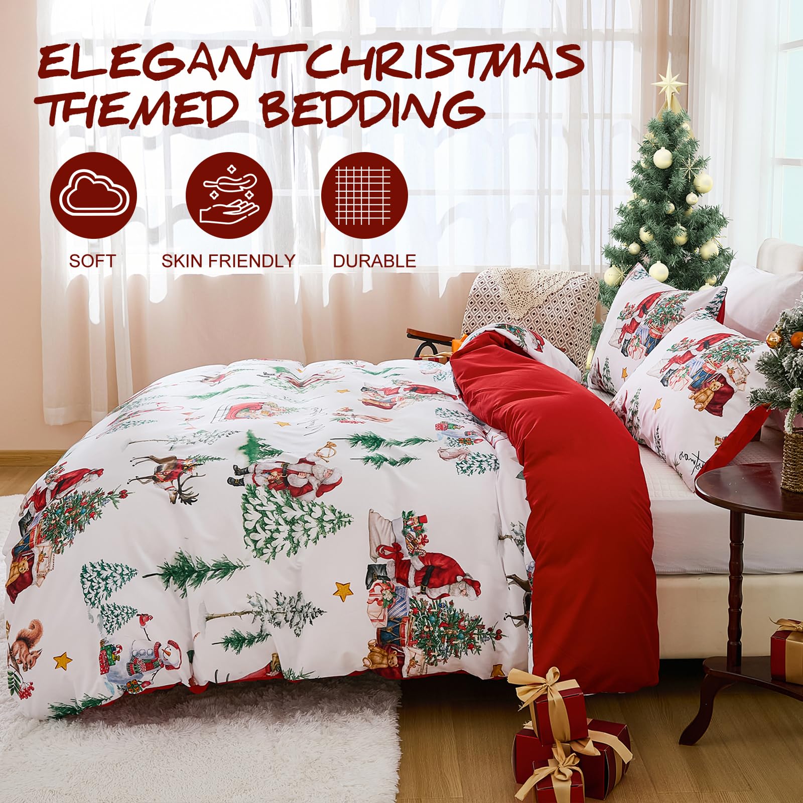 Christmas Duvet Cover Set Queen Size Santa Claus Snowman Christmas Tree Bedding Set, Microfiber Red Xmas Comforter Duvet Cover with Pillowcases Festive Winter Holiday Decor(Zipper Closure,90''x90'')