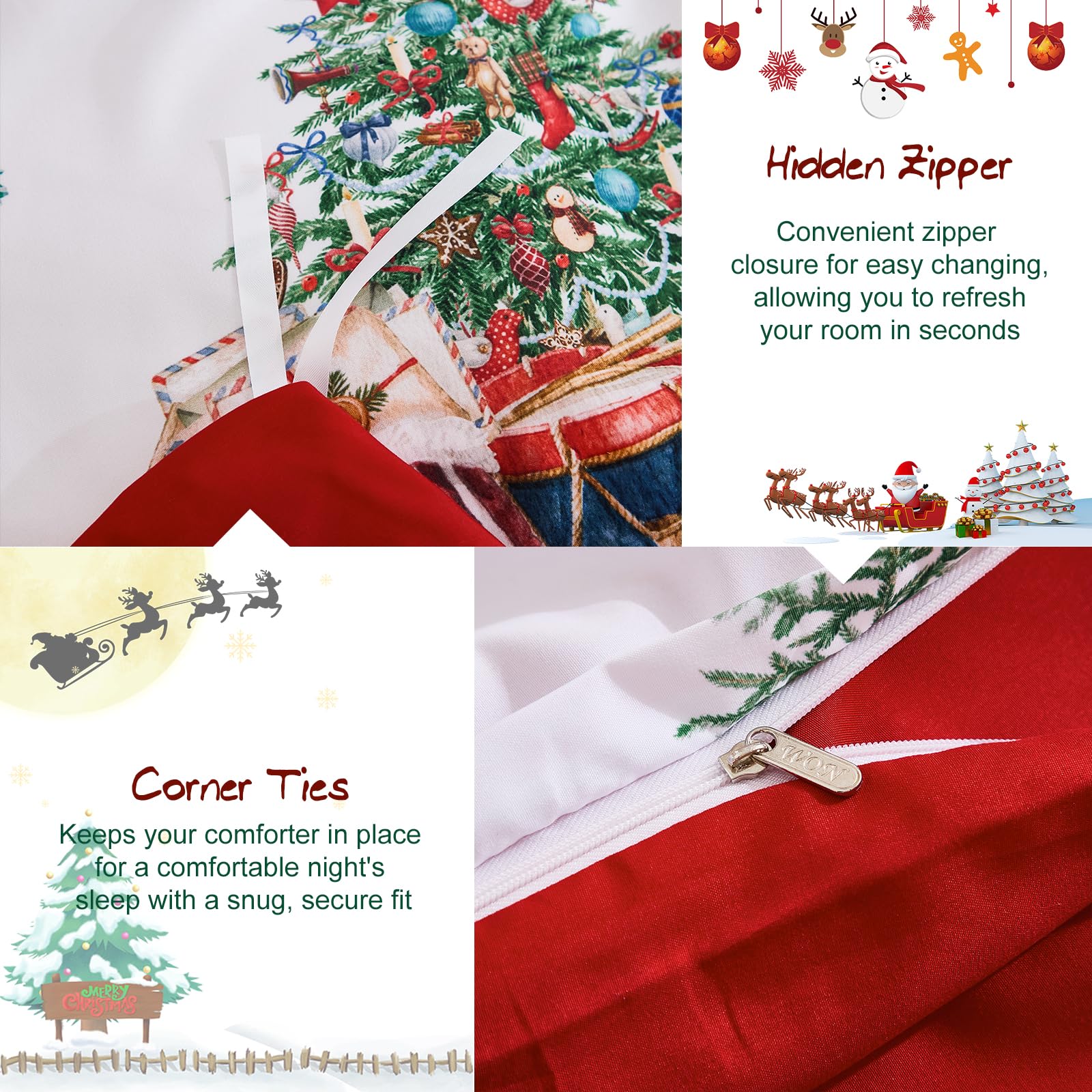 Christmas Duvet Cover Set Queen Size Santa Claus Snowman Christmas Tree Bedding Set, Microfiber Red Xmas Comforter Duvet Cover with Pillowcases Festive Winter Holiday Decor(Zipper Closure,90''x90'')